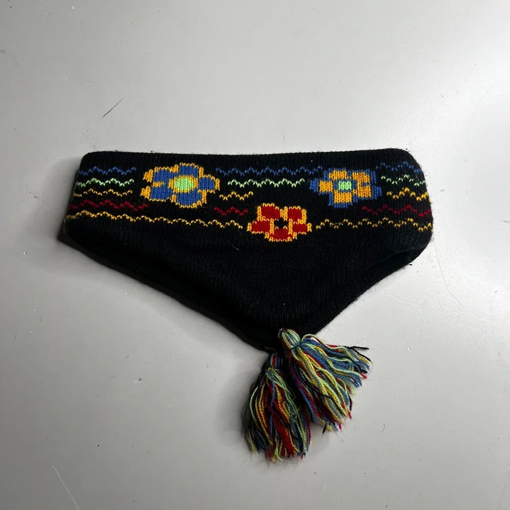 Vintage Black Knit Floral Ear Warmer Headband with Tassels Girls Size 7-14
